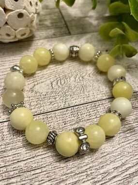 Yellow Quartz with Silver and CZ accents 10 mm stretch handmade butter yellow